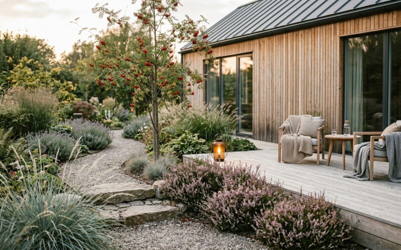 A serene Scandinavian-style garden photographed in soft natural light, featuring a simple light wood deck terrace with clean lines, surrounded by ornamental grasses gently swaying in the breeze, clusters of heather in muted purple tones, and a slender rowan tree with bright red berries. Natural stone steps and a gravel pathway wind through the space, bordered by low-maintenance perennials arranged in calm, repeating groups. Warm Edison-style outdoor lanterns cast a gentle amber glow near comfortable wooden furniture with soft textiles. The garden seamlessly connects to a Scandinavian-style home facade, with the same natural materials echoed throughout. The overall palette is earthy and understated — pale wood, grey stone, silver-blue grass blades, and muted greens — conveying a sense of peaceful minimalism, hygge coziness, and harmony with nature. Editorial photography style, shallow depth of field, golden hour lighting.
